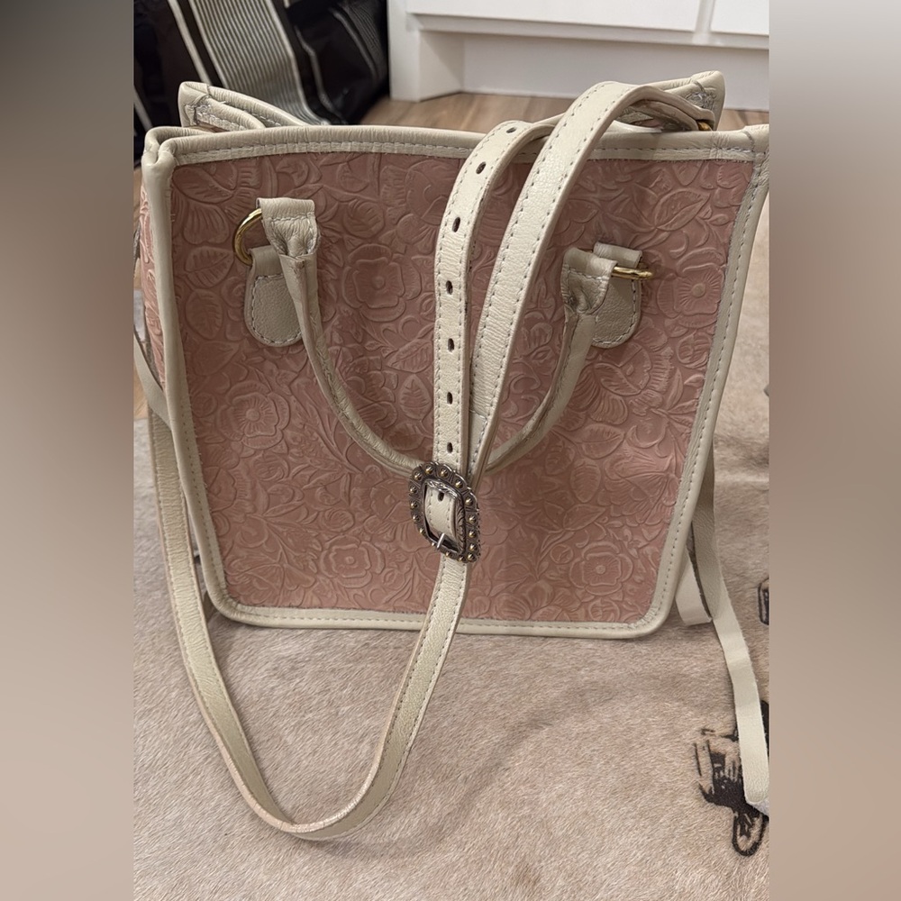 Double J saddlery leather Pink Floral Embossed Crossbody Bag with Cream Trim